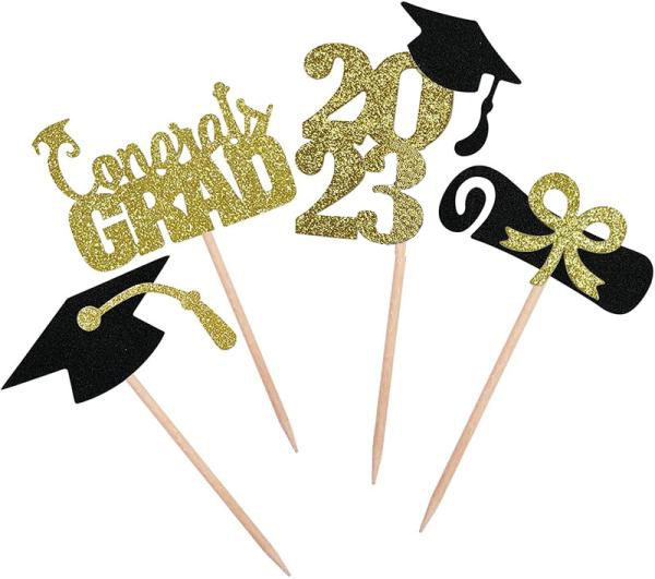 Glitter 2023 Graduation Cupcake Toppers, Gold, Cardboard, 32 Pack 