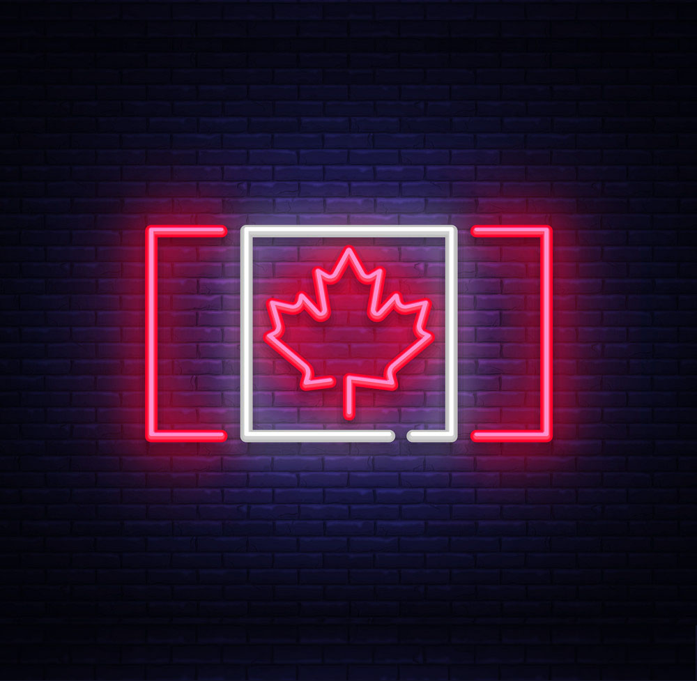 Canada flag neon vector sign. Canada flag symbol banner light, bright night Illustration. Vector illustration