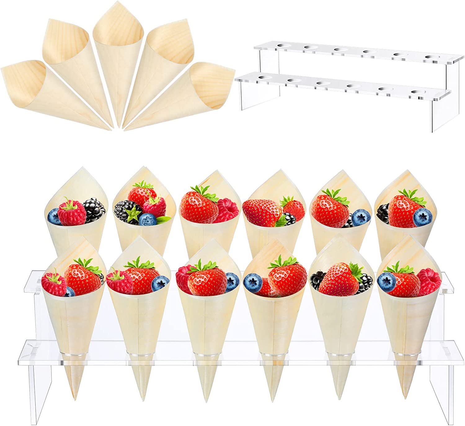 100 Pieces Disposable Wood Cones Vintage Wooden Food Cones With 12 Holes Food Cone Display Stand 7041