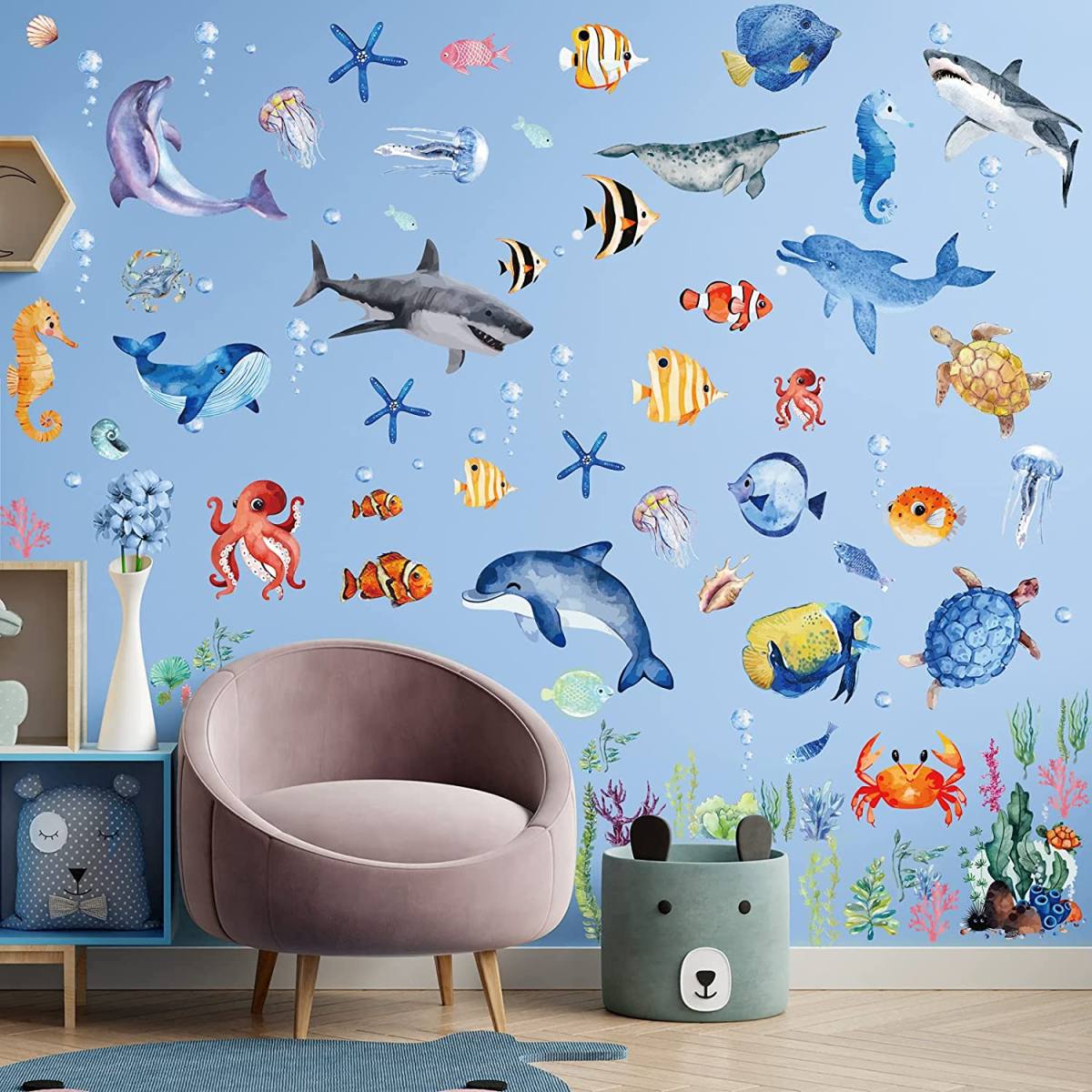 Baby Shark Family Wall Decals - Baby Shark Wall Decals with 3D Augmented Reality Interaction - Baby Shark Room Decor