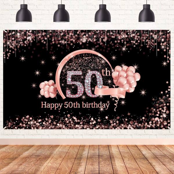 Pink 50th Photo Backdrop Rose Gold Balloon Men Woman 50 Years Old Birthday  Party Photography Background