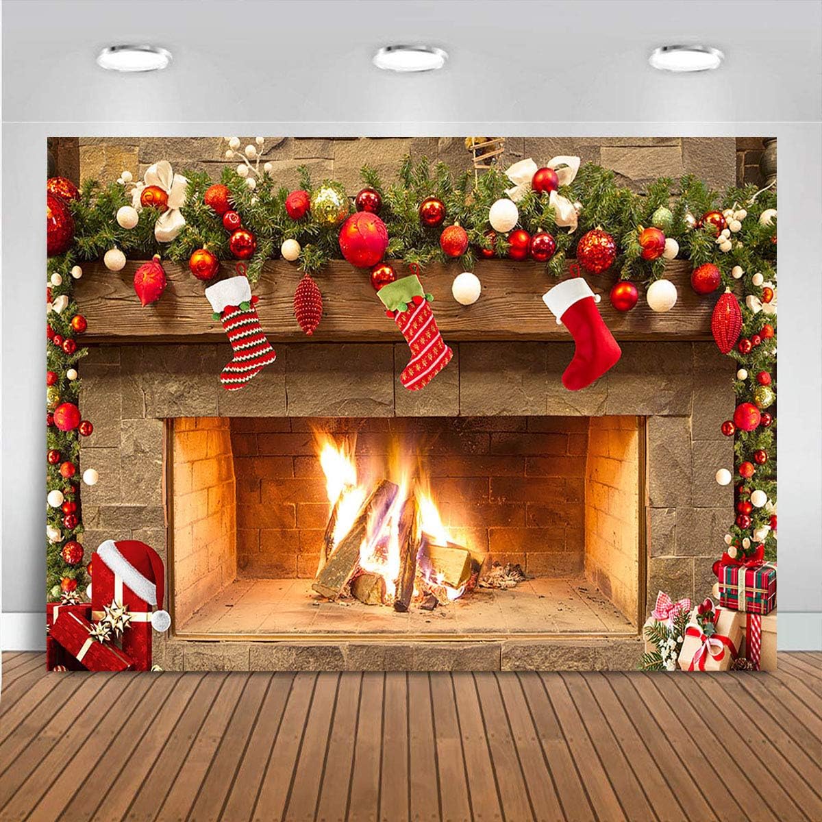 GYA 8x8ft Xmas Fireplace Tree Sock Gift Theme Backdrop Photograhy