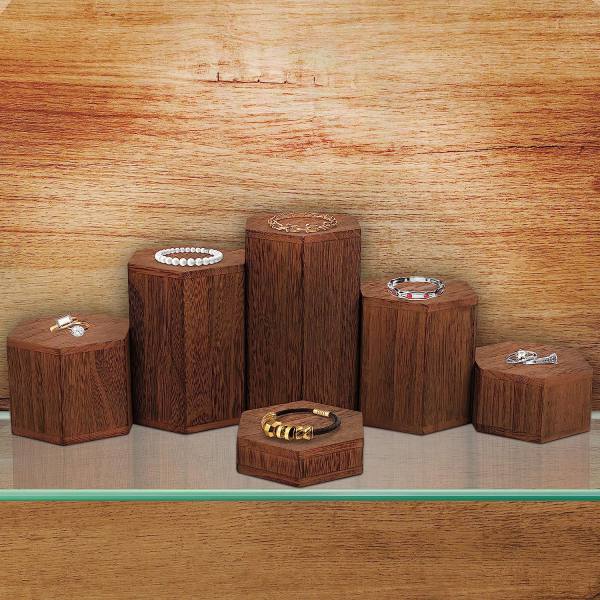 Wooden Hexagon Display Risers (6 Pack) Wood Showcase Stands for